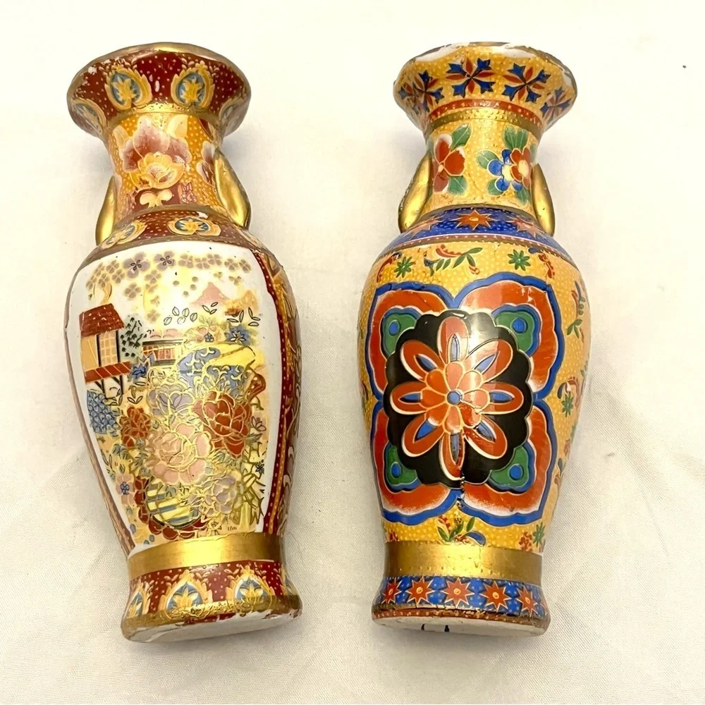 Japanese Satsuma Style Vases, Small Set of 2, Made in China, Vintage VGUC